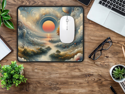 Elegant workspace setup with the surreal morning mouse pad, inviting inspiration alongside stylish office tools.