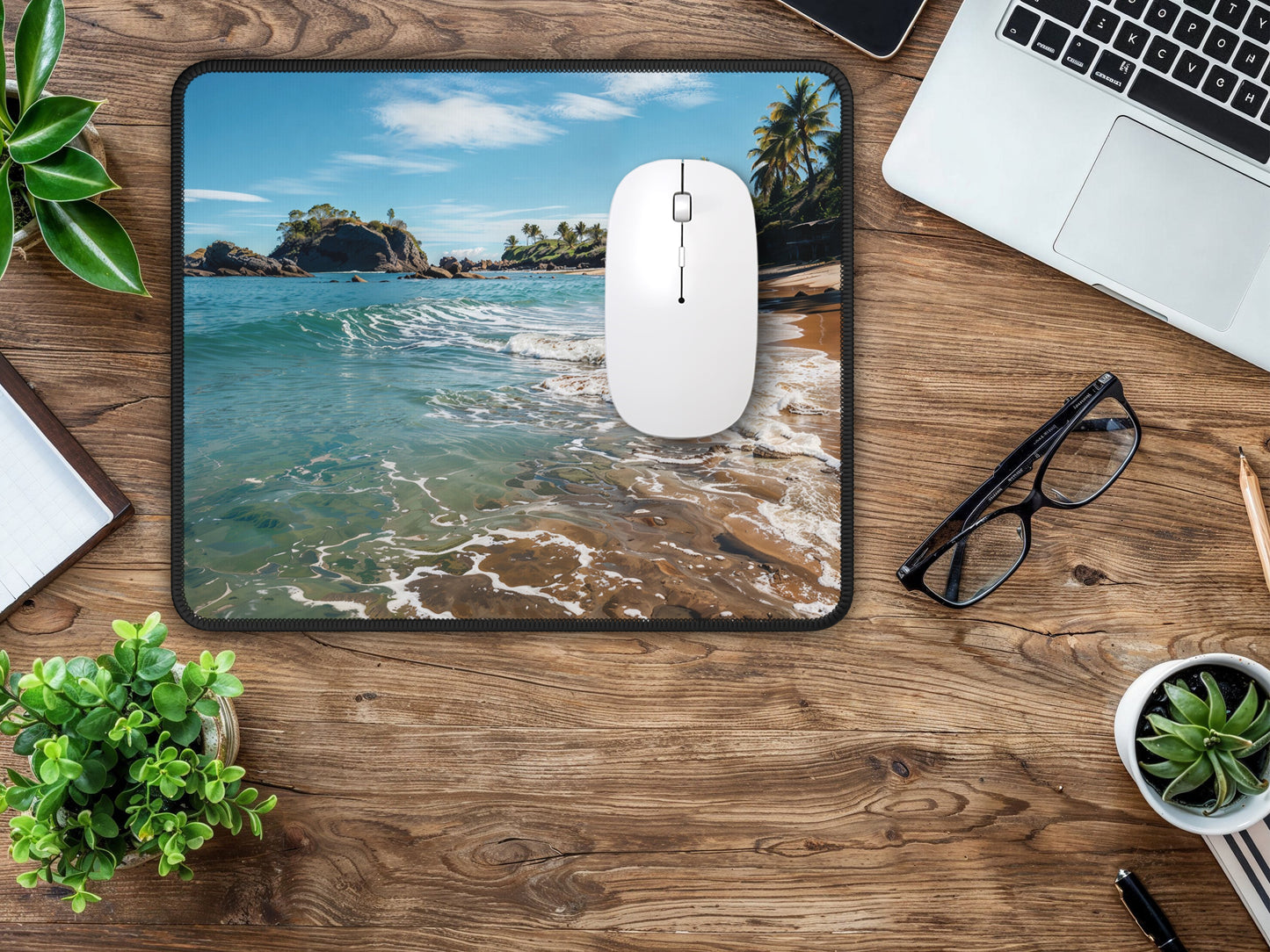 Gaming mouse pad on a wooden desk in a sunlit room, with the Thai Retreat theme offering an escape to a tropical paradise during gaming sessions.