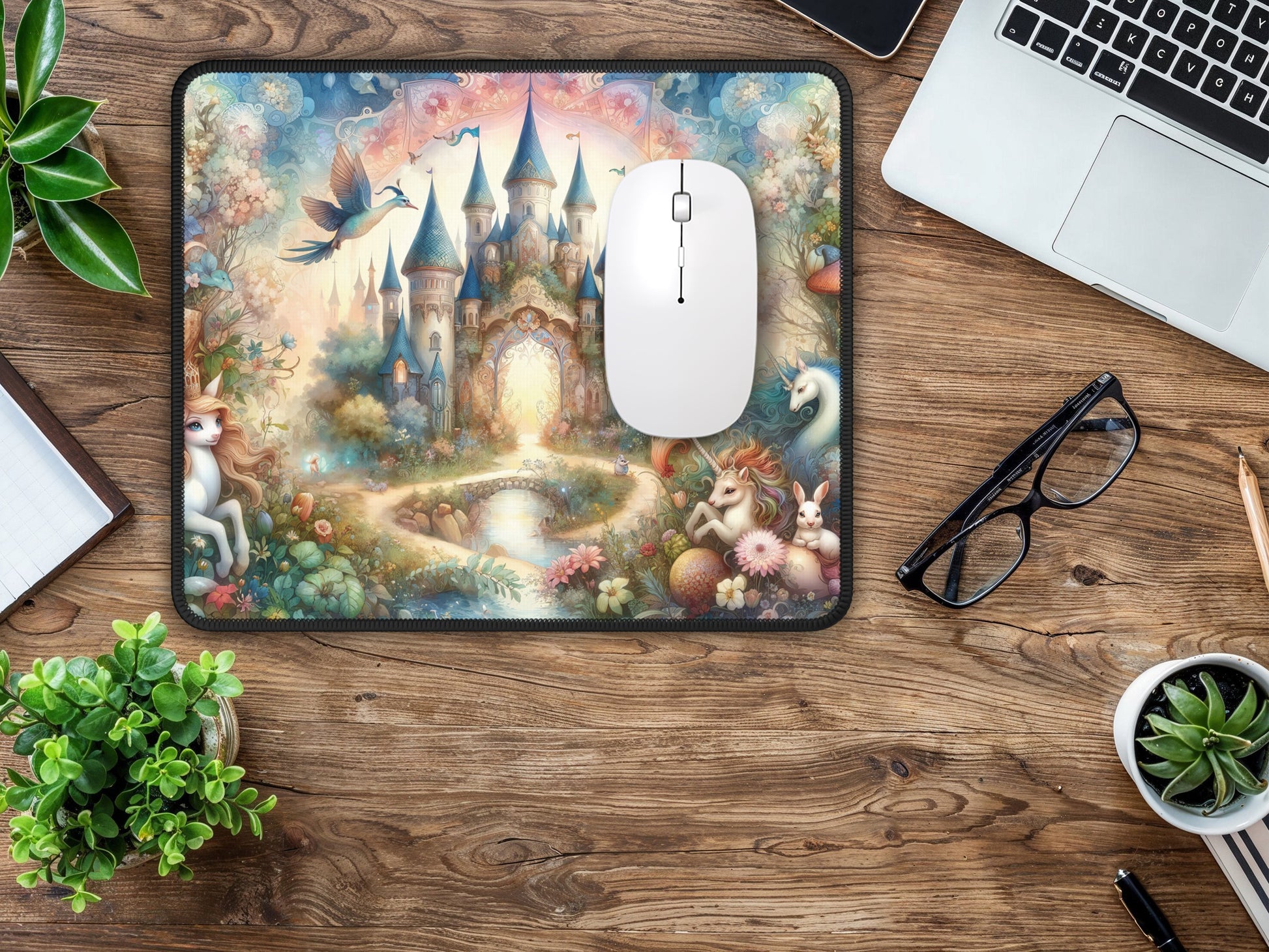 Mouse pad adorned with a kaleidoscopic mythical kingdom scene, centered on a wood-grain desk next to a green potted plant, notepad, and glasses.