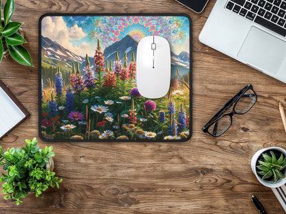 A close perspective of the mouse pad on a light wooden desk, the bright wildflowers and geometric sky pattern catching the eye, with office supplies and a laptop in the frame.