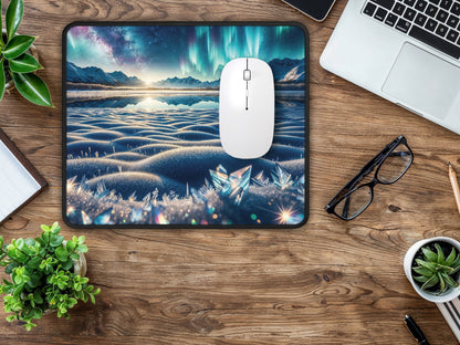 Photo of the mouse pad placed on a wooden desk in a bright room, providing a comfortable and stylish surface for mouse navigation.