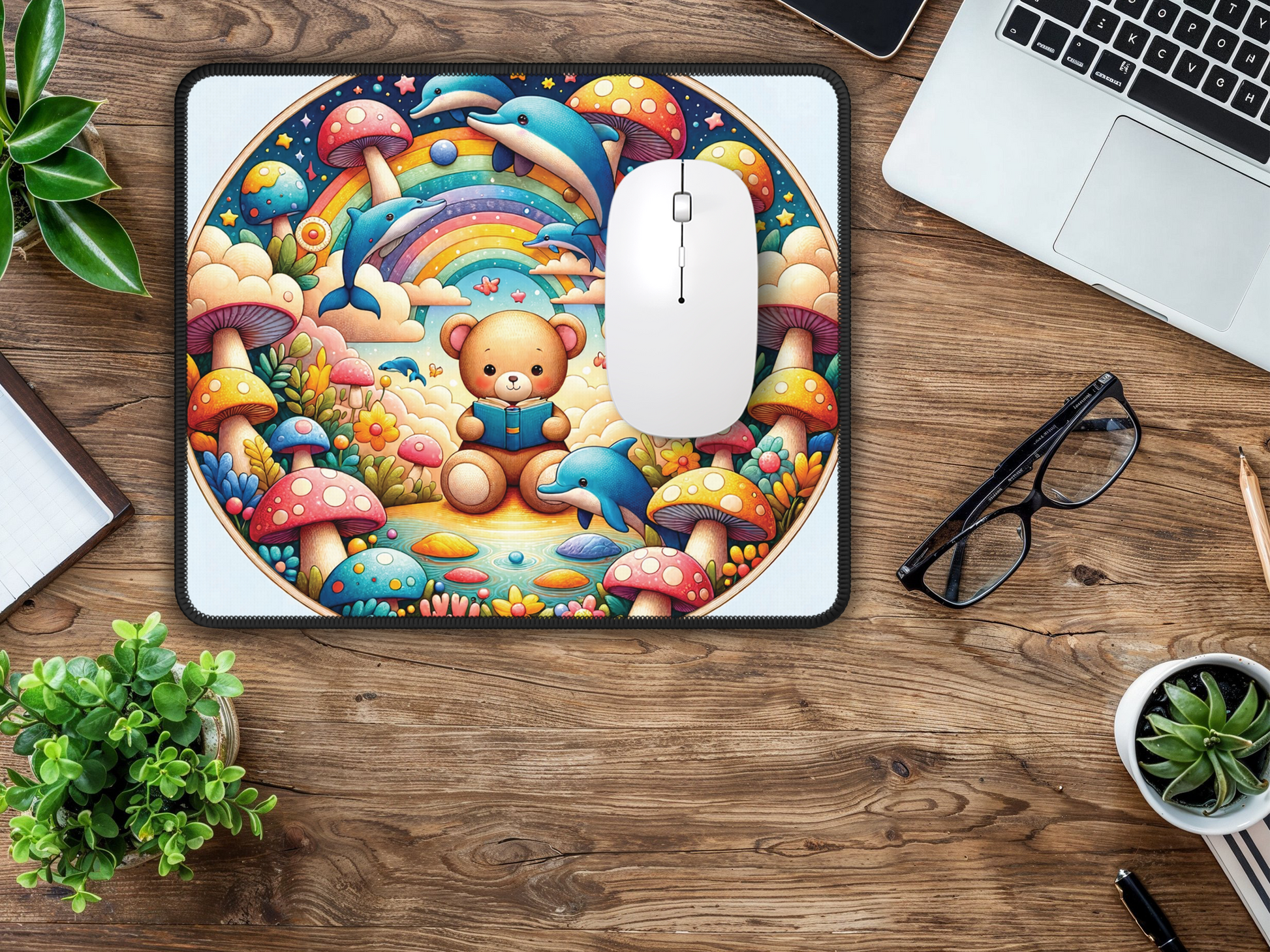 Child-friendly mouse pad with a vibrant illustration on a home office desk, inspiring creativity.