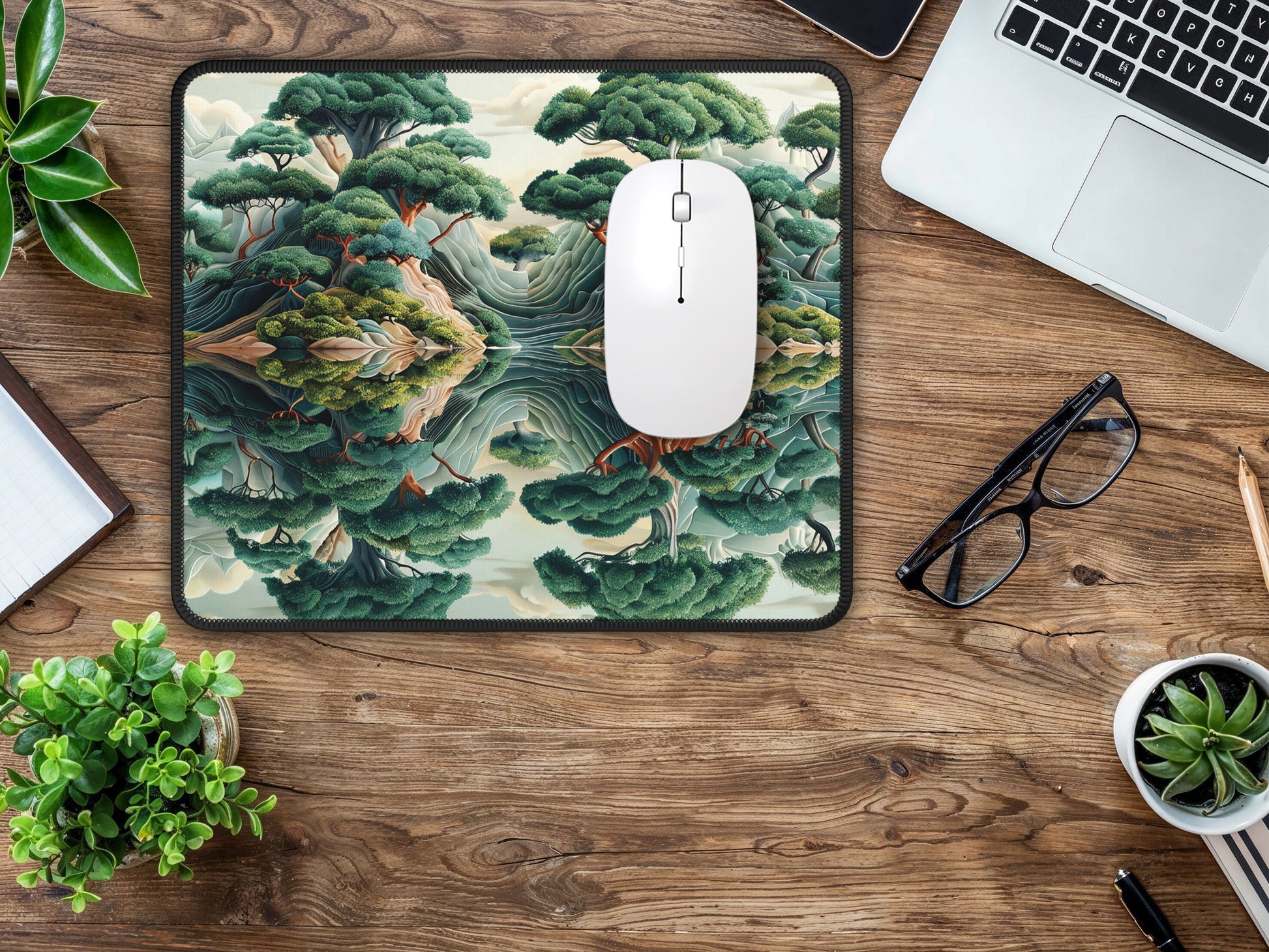 Warm wooden desk setup with the zen garden mouse pad at the center, infusing natures calm into the work area.