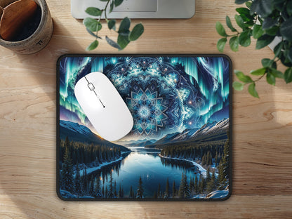 Rustic wooden desk scene with the mouse pad depicting a symmetrical Alaskan night landscape, flanked by greenery and office essentials.