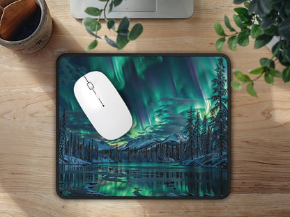 Eco-friendly desk setting featuring the astral mouse pad with a scenic Alaskan night sky, enhancing the work atmosphere.