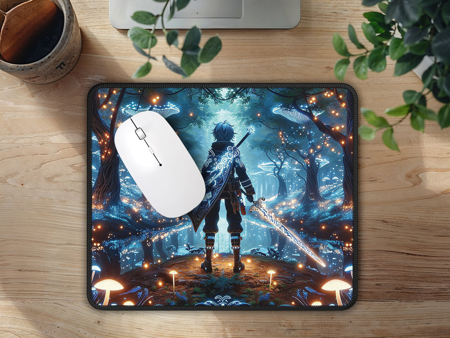 A beautifully illustrated anime twilight luminescence gaming mouse pad, laid out on a natural wood surface for a harmonious blend of art and technology.