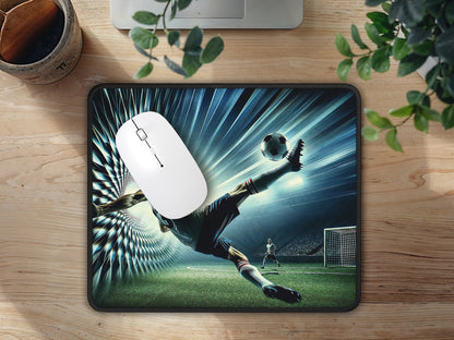 Overhead view of a workspace showing the mouse pad, where the kaleidoscope effect around the soccer player adds a creative touch to the functional item.