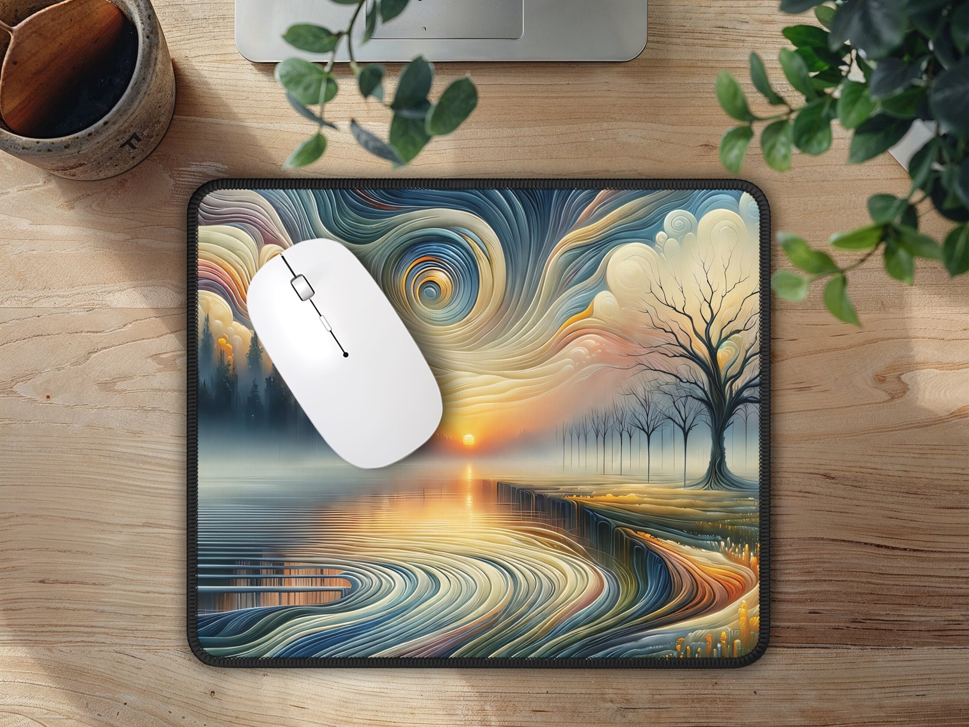 Birds-eye view of the gaming mouse pad with its blue dragon design, complementing the minimalist setup with a dramatic flair.