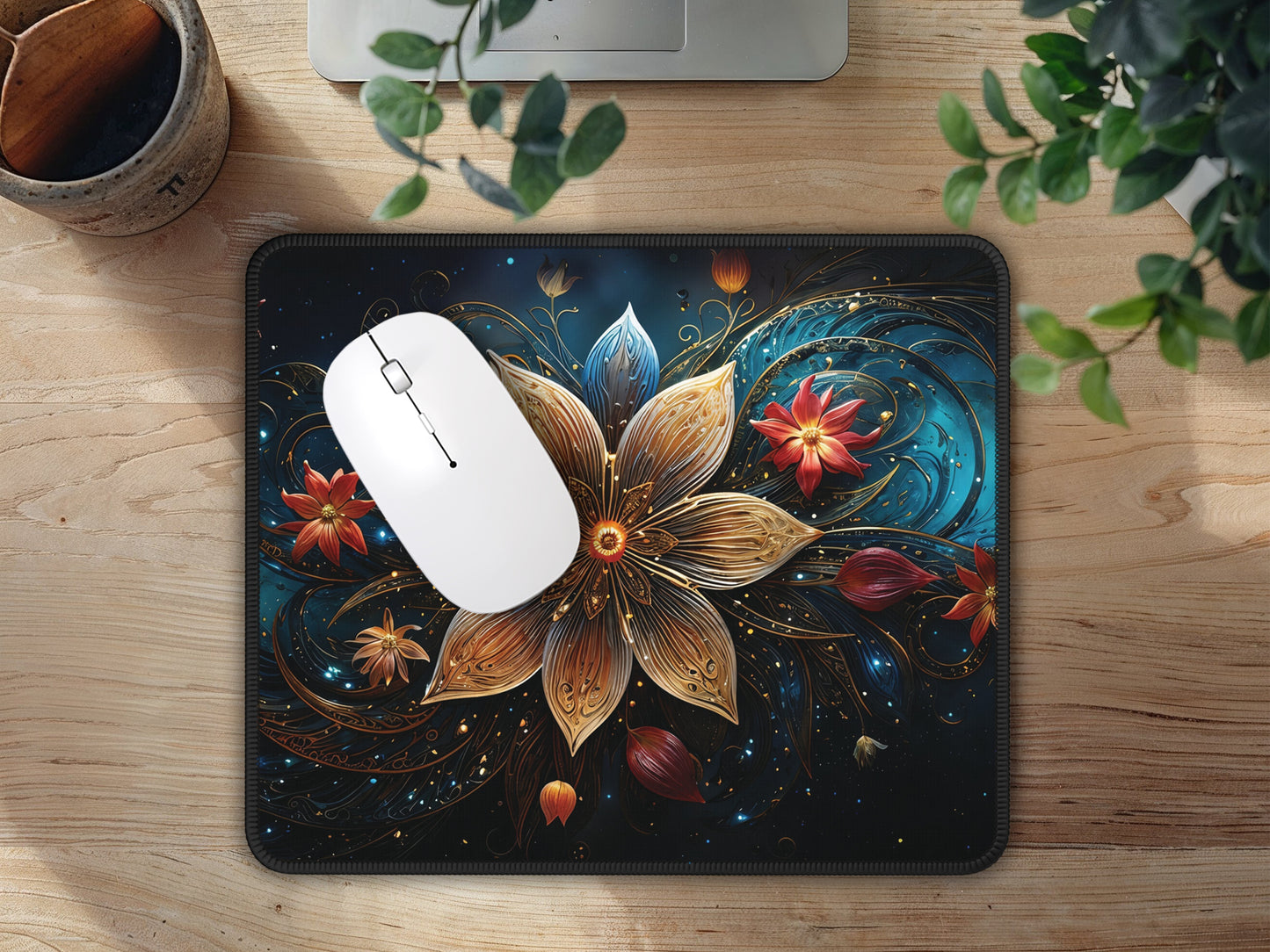 Aerial view of a workspace with the Celestial Bloom Mouse Pad, white mouse, alongside a succulent plant and wooden desk accessories.