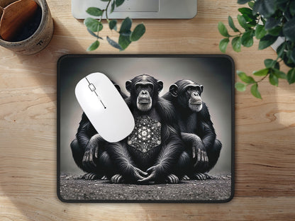 Chimpanzee Artisan Gaming Mouse Pad laid on a wooden surface, complementing the natural tones of the workspace.