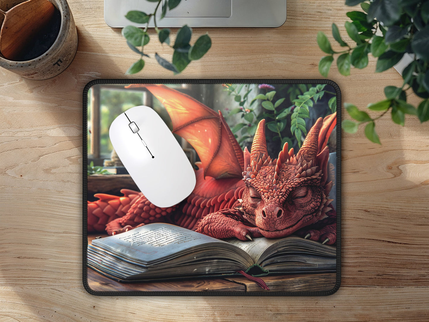 The desk scene is transformed by a mouse pad adorned with a resting dragon, bridging the gap between the magical and the mundane in a workspace.