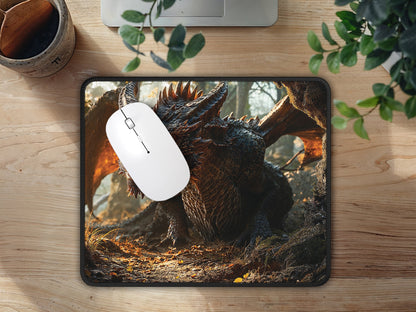 Enchanting dragon mouse pad on a natural wood desk, inviting users into a mythical forest for a unique computing experience.