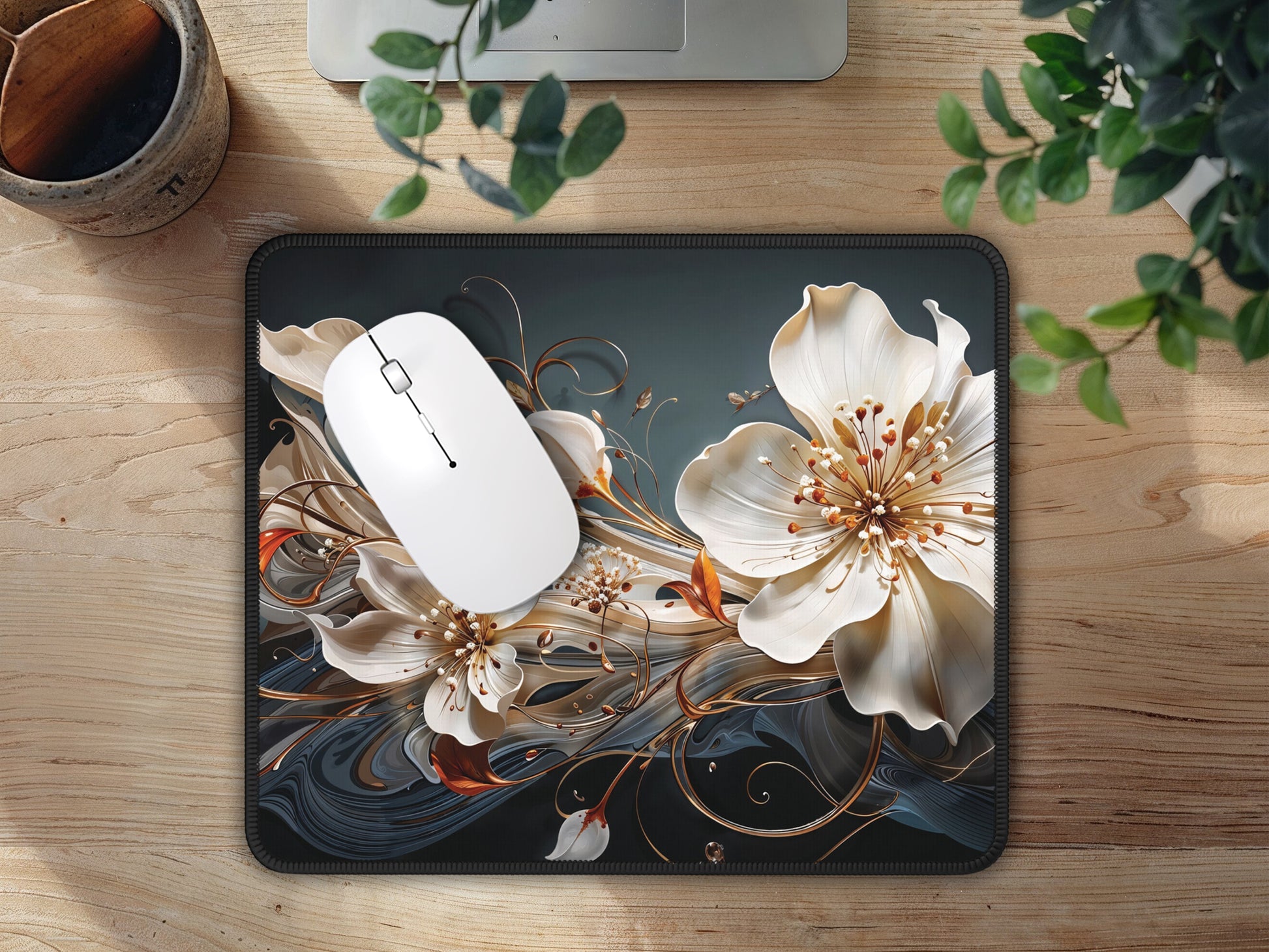 Overhead view of a desk with the ethereal floral mouse pad as a centerpiece, offering both a visually appealing design and a functional gaming accessory.