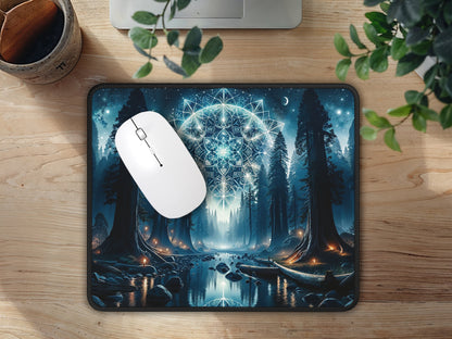 Top-down view of the mouse pad on a wood-textured desk, blending with office essentials and greenery for a tranquil workspace vibe.