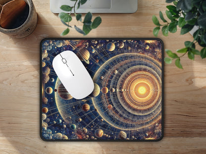 The gaming mouse pad, adorned with a galaxy and orbiting planets, pairs with a modern white mouse, offering a visual journey through space on a wooden surface.