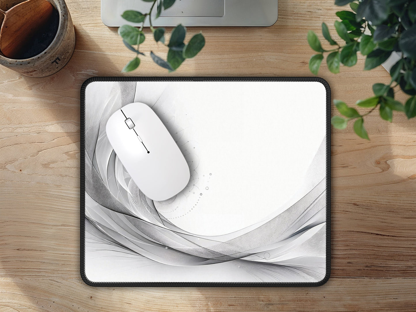 Wooden office setup featuring the artistic grayscale mouse pad, providing a touch of minimalist elegance to the space.