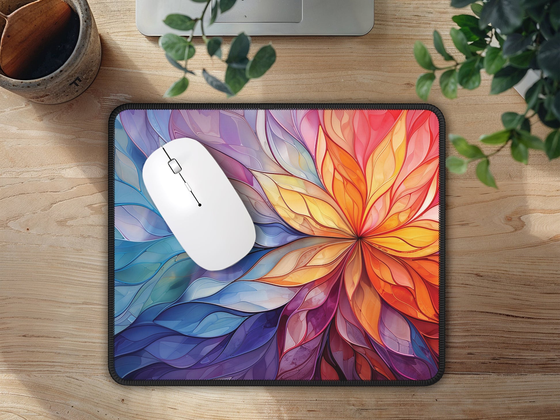 Mouse pad with a luminous anime kingdom, offering both style and comfort for gamers, displayed on a home office desk.