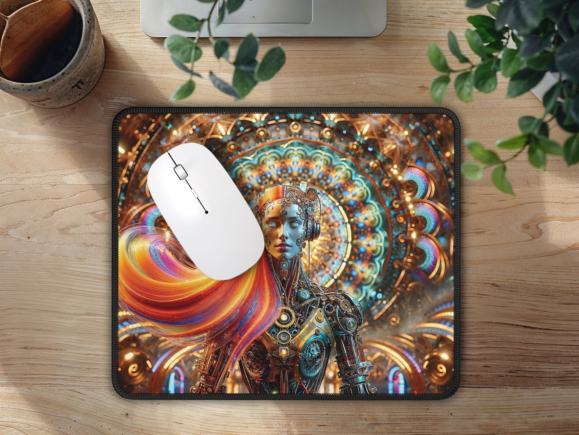 The gaming mouse pad, with its detailed steampunk android design, adds a creative touch to a wood-themed desk, surrounded by office essentials.