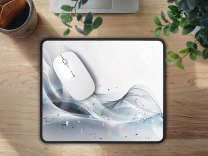 Mouse pad on a wooden surface with a white mouse, flanked by office essentials and a potted plant