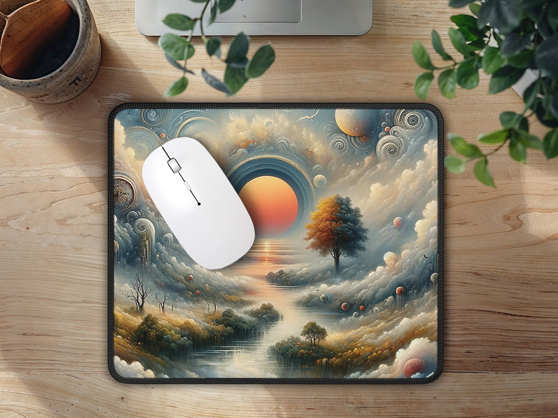 Elegant workspace setup with the surreal morning mouse pad, inviting inspiration alongside stylish office tools.