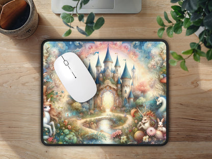 Mouse pad adorned with a kaleidoscopic mythical kingdom scene, centered on a wood-grain desk next to a green potted plants.