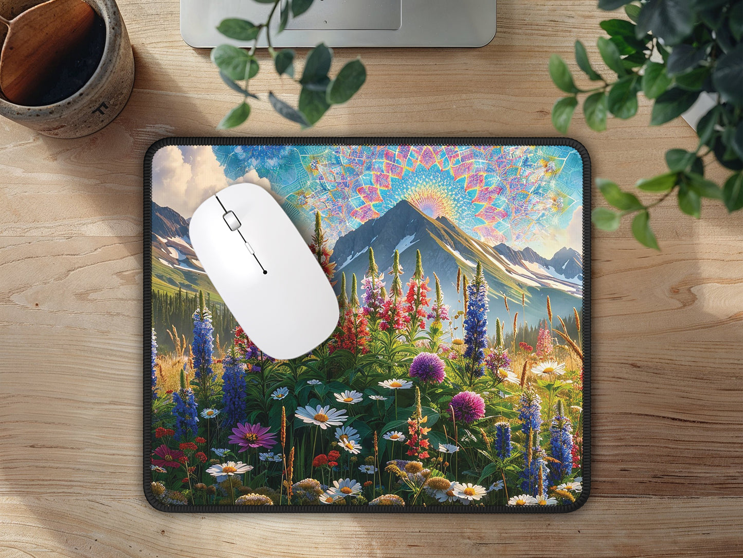 A view of the mouse pad in a natural light setting, the floral design vivid and engaging on a wooden surface, complementing the home office decor.