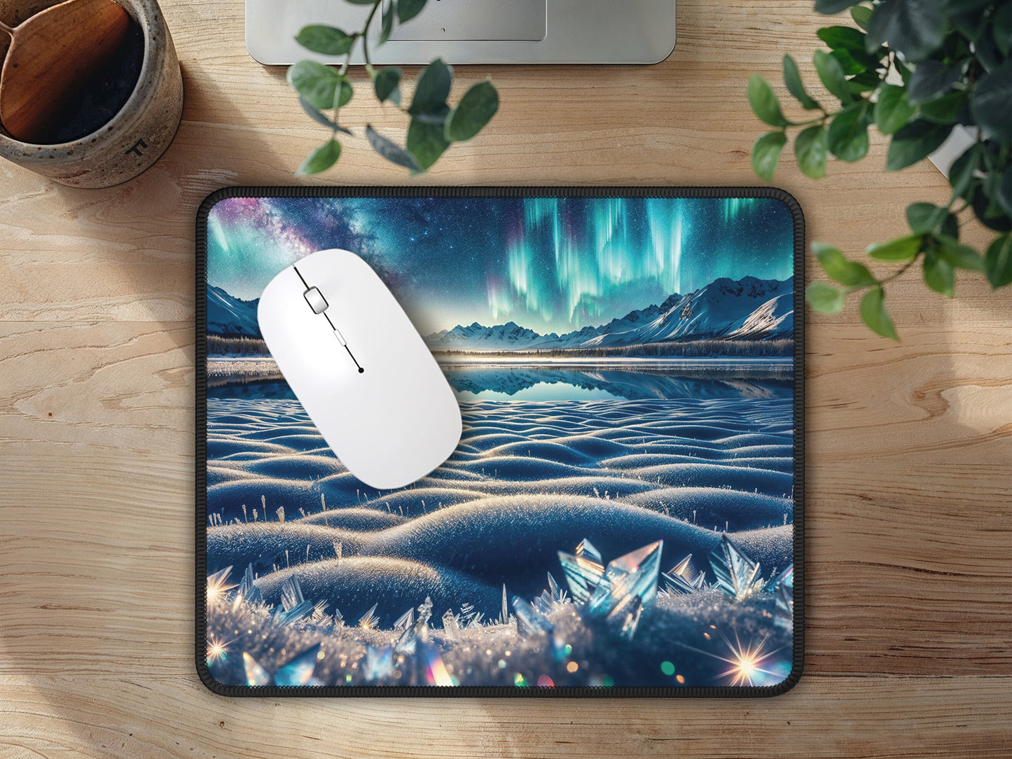 Image displaying the mouse pad on a stylish desk setup, demonstrating its role in enhancing the aesthetic of a gaming or work area.