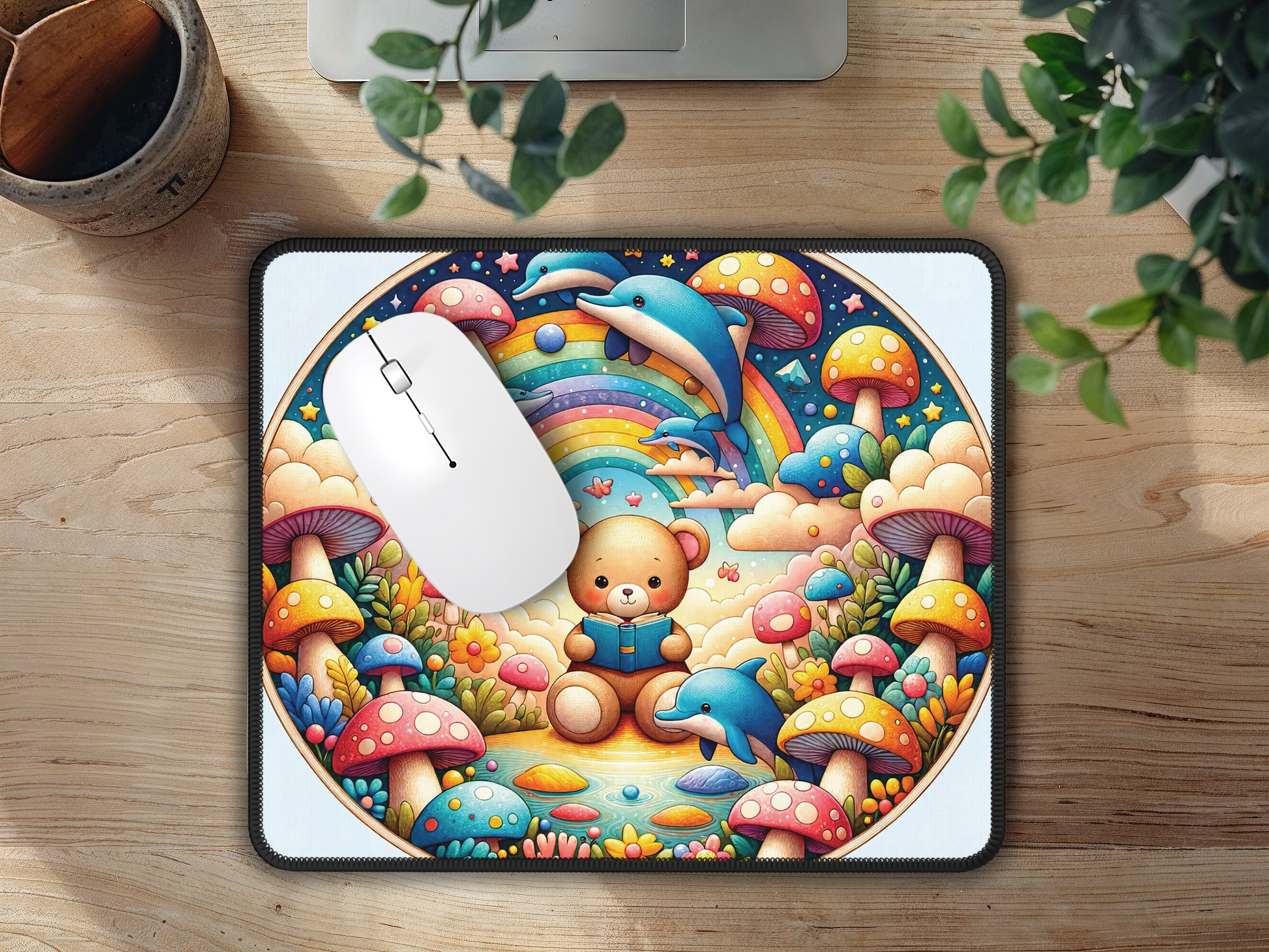 Workstation featuring a playful mouse pad that adds a touch of youthful wonder to any desk setting.