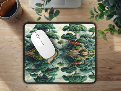 Aerial view of the mouse pad with zen symmetry design on a wood-grain desk, harmonizing with office essentials and greenery for a balanced workspace.