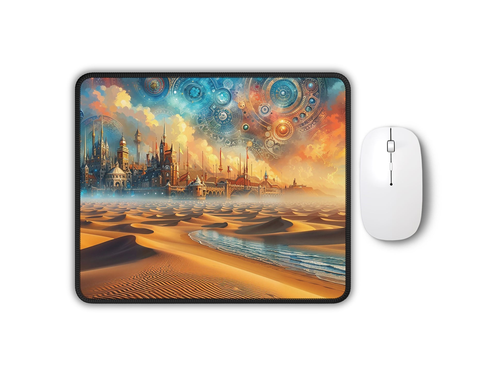 Elegant gaming mouse pad showcasing a steampunk desert sunset scene with intricate mechanical details and a vibrant sky, paired with a sleek white mouse.