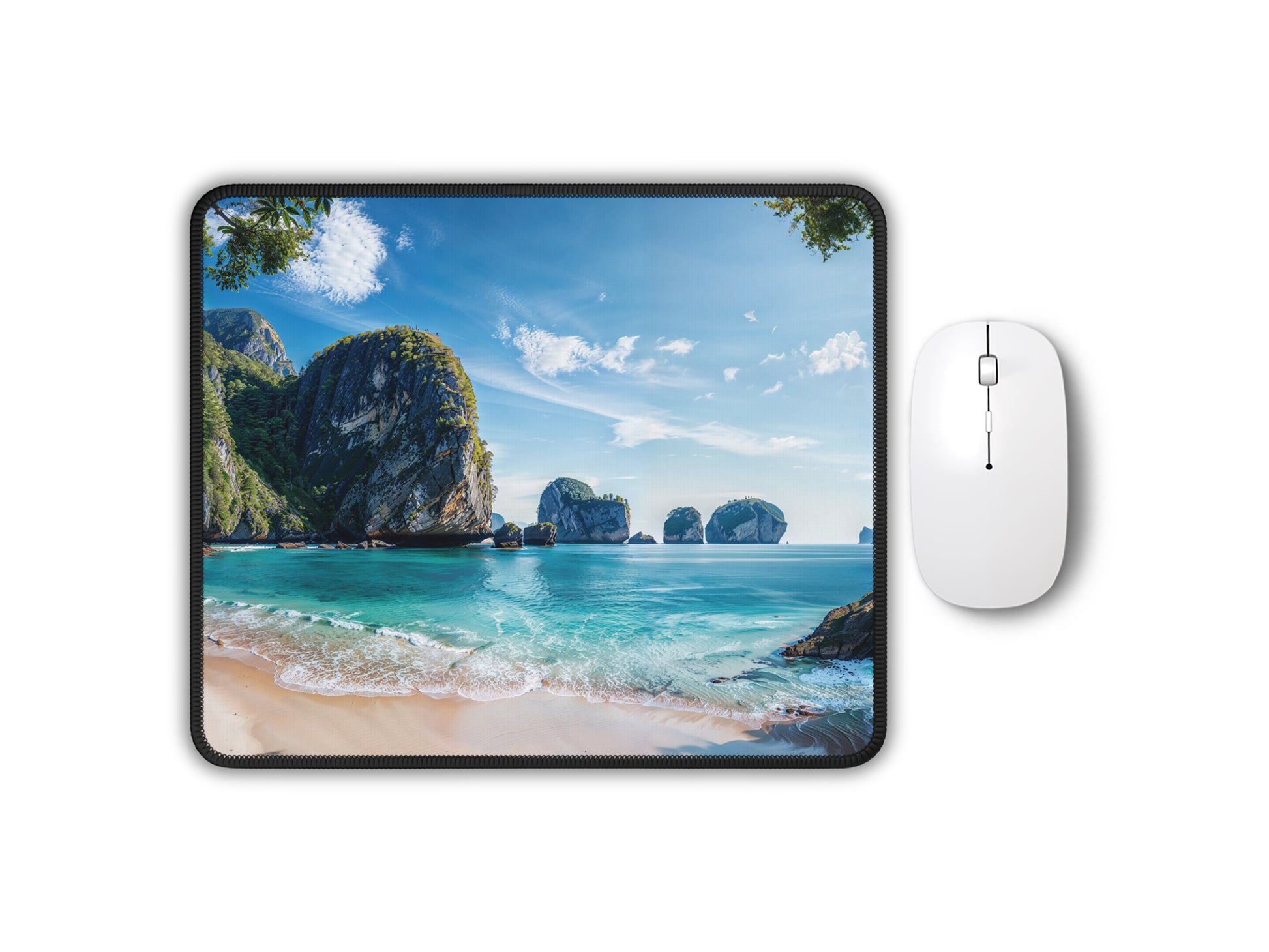 Premium gaming mouse pad featuring a tranquil Thai beach scene with emerald waters and towering limestone cliffs, paired with a modern white mouse.