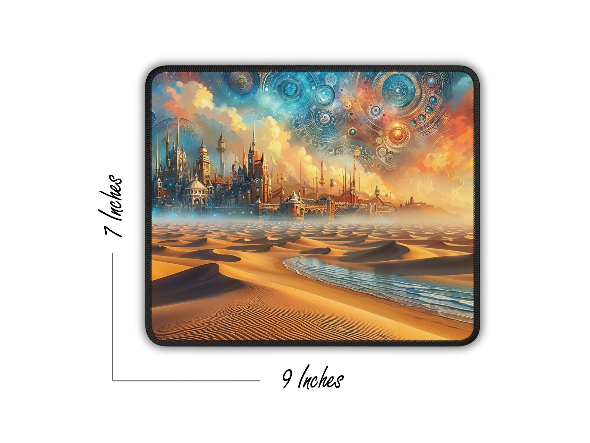 Square artisan gaming mouse pad, 7x9 inches, featuring a steampunk desert sunset design, blending vibrant skies and detailed machinery.