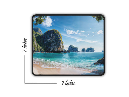 Mouse pad dimensions display, measuring 9 by 7 inches, with the idyllic beach and island landscape printed in high resolution.