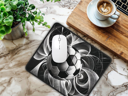 Stylish workspace with artisan cafe-themed mouse pad, complemented by a fresh cup of coffee and office accessories.