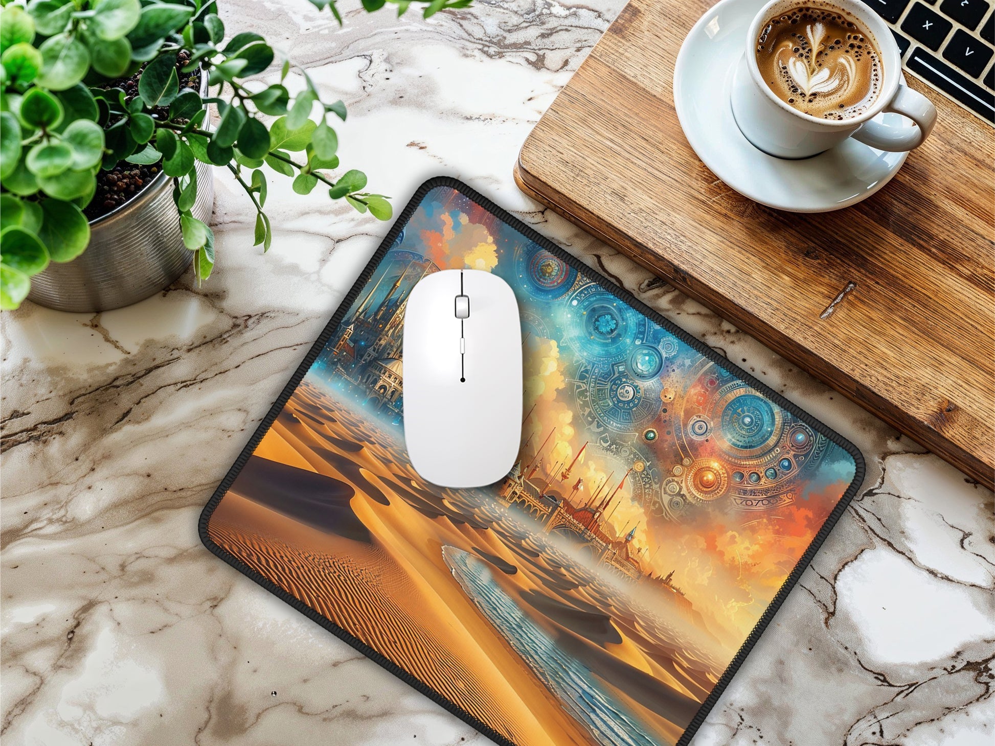 Artisan gaming mouse pad on a marble desk with a coffee cup, exhibiting a steampunk desert sunset artwork, creating an immersive gaming atmosphere.