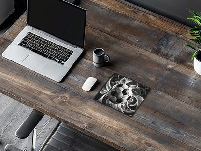 Rustic wooden desk with laptop, coffee mug, and a mouse pad with a vivid image of a woman with headphones in a cafe.