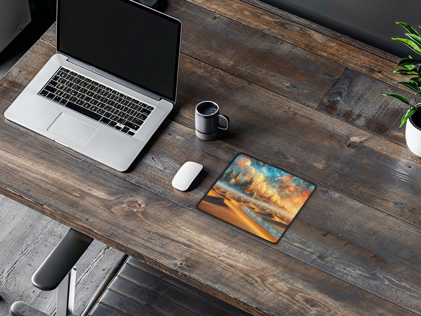 Rustic wooden desk featuring a steampunk desert sunset gaming mouse pad, alongside a laptop and a coffee mug, highlighting the pads design in a cozy setting.