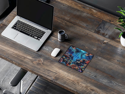 Coral reef mouse pad adding a burst of marine life colors to a homely wooden desk and casual computing environment