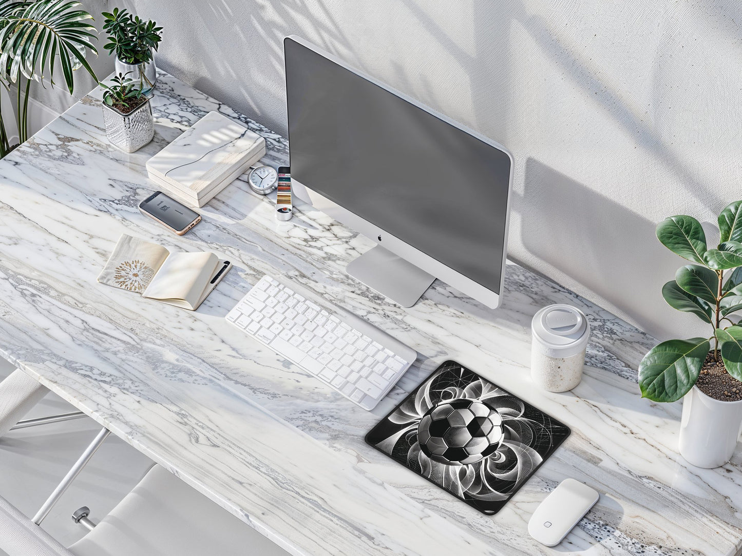 Minimalist office space with white desk, showcasing an artistically designed mouse pad of a woman in a cafe with headphones