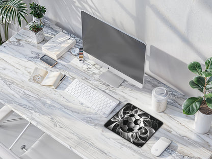 Minimalist office space with white desk, showcasing an artistically designed mouse pad of a woman in a cafe with headphones