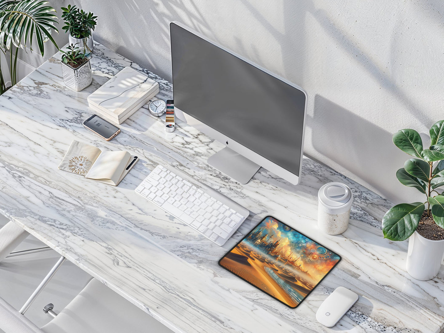 Eco-friendly workspace highlighted by a steampunk desert sunset gaming mouse pad, paired with a white keyboard and modern tech accessories.