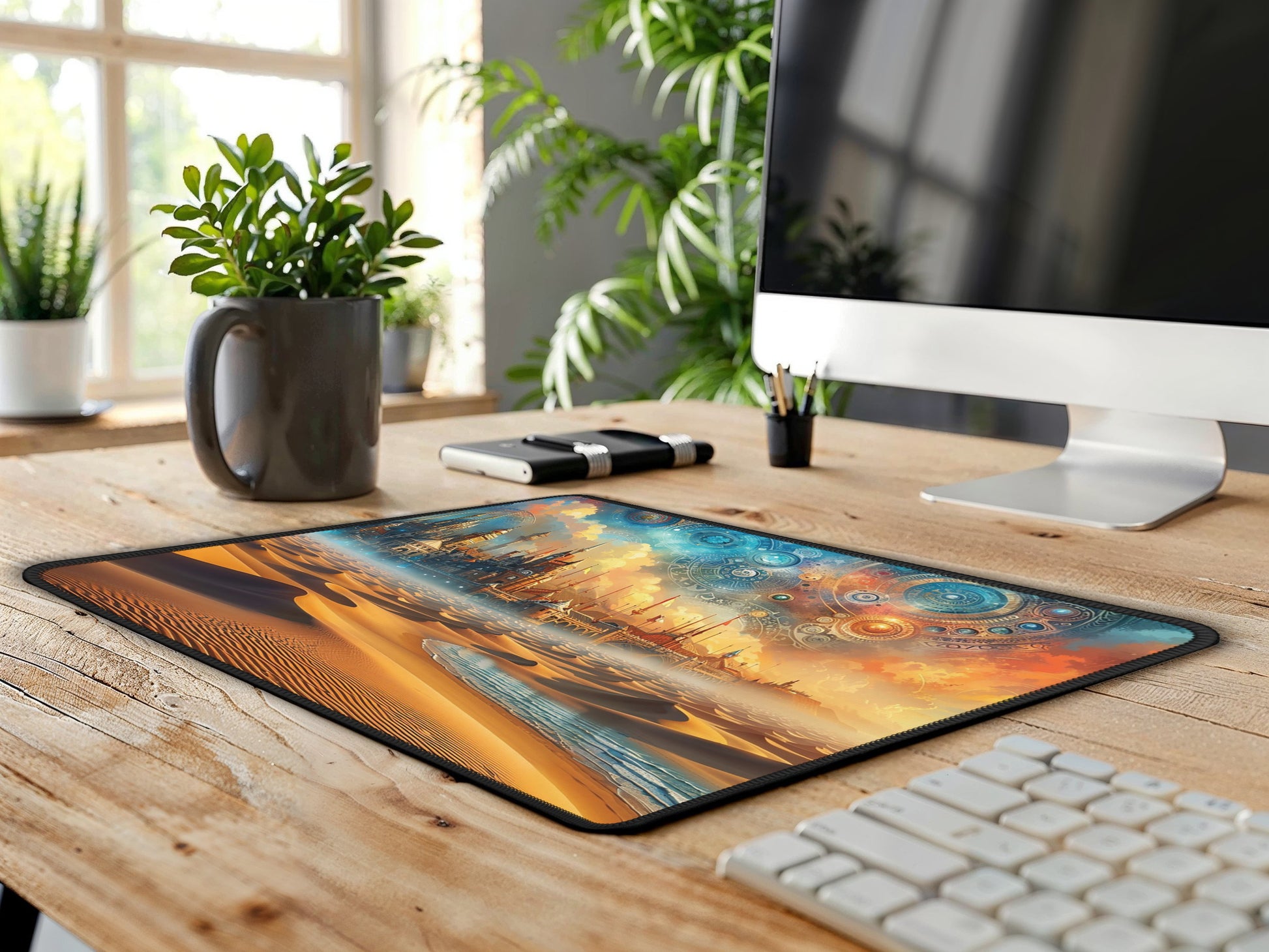 Sleek office desk arrangement featuring a kaleidoscope artisan gaming mouse pad with a steampunk desert sunset, enhancing the visual appeal of the space