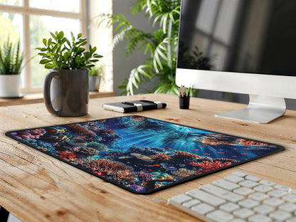 Pristine desk setup featuring the coral reef mouse pad as a striking accessory that brings the ocean to your office.