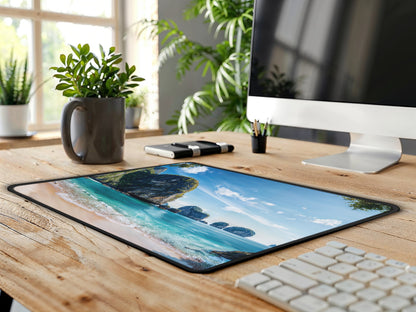 Mouse pad with a serene Thai beach landscape on an office desk, complemented by sleek computer accessories, merging productivity with paradise.