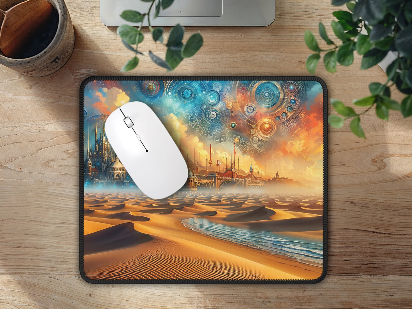 Steampunk desert sunset gaming mouse pad on a light wooden table, paired with a white mouse, providing a captivating backdrop for gaming and work