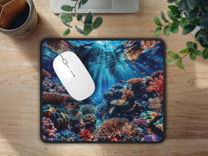 Overhead shot of the coral reef mouse pad on a wooden desk, with office essentials and greenery, enhancing a vibrant and organized workspace.