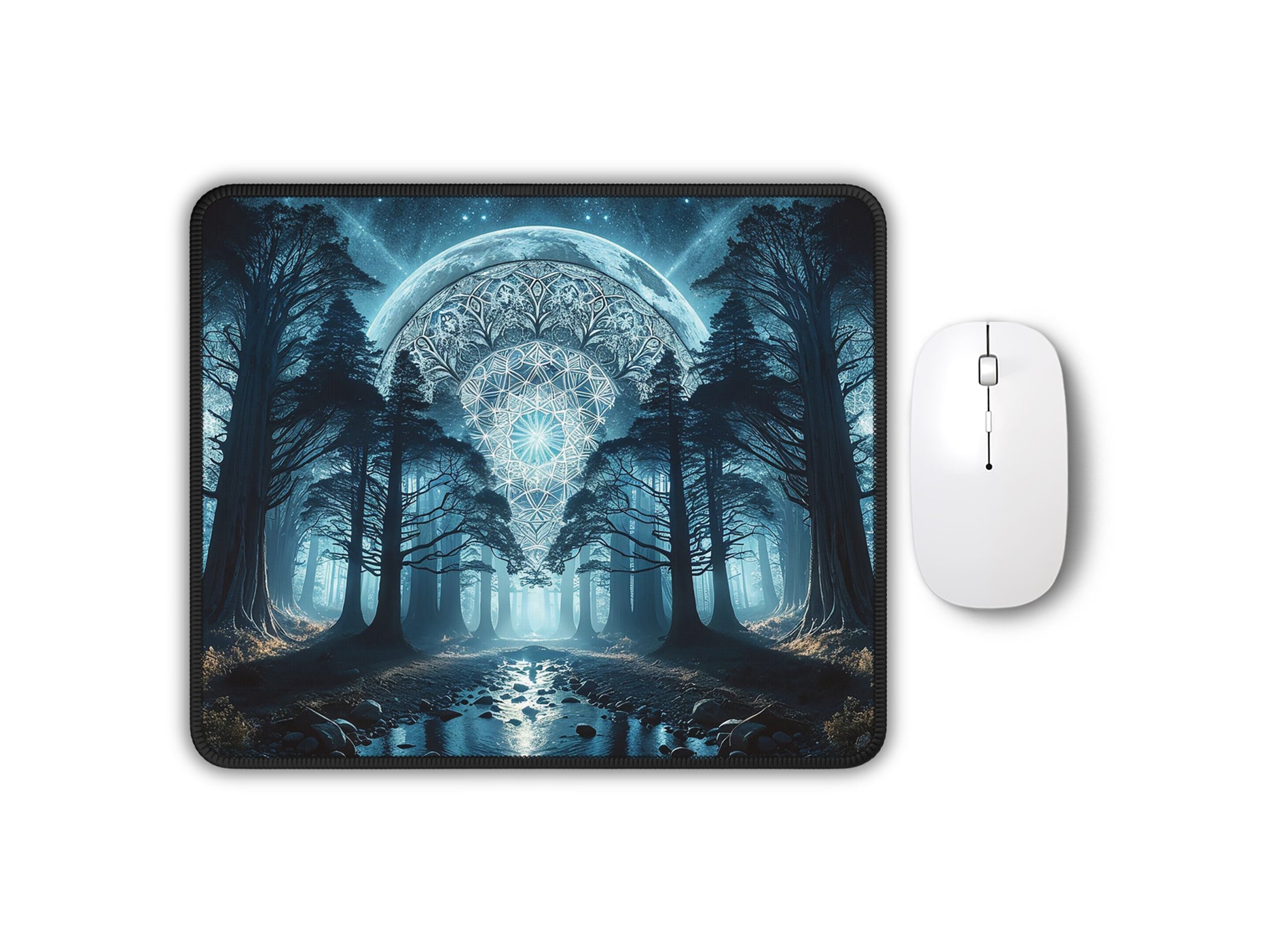 A moonlit forest panorama decorates this mouse pad, with intricate mandala patterns overlaying a full moon.