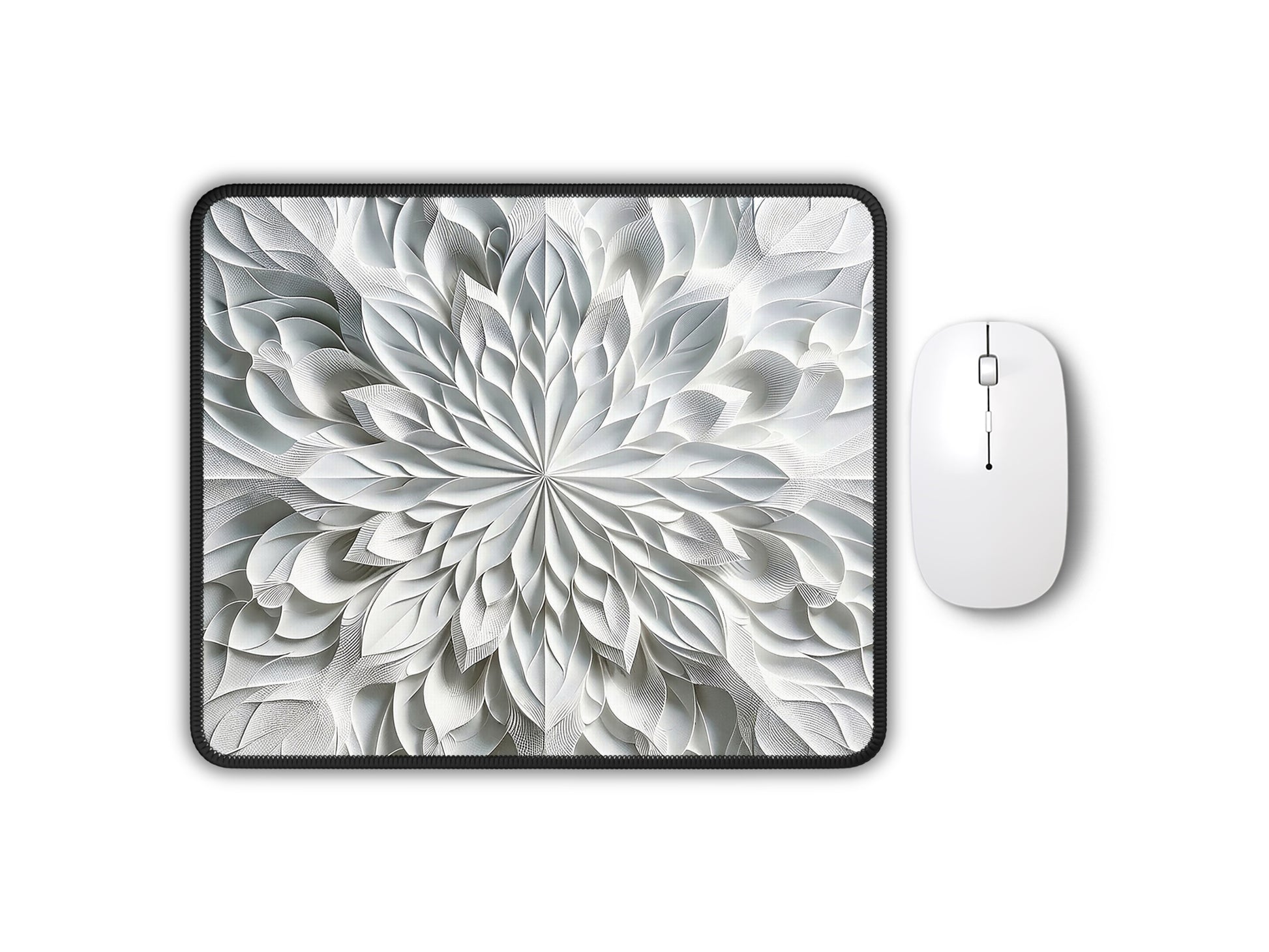 Overhead view of a white artisan gaming mouse pad with a 3D kaleidoscope design in varying shades of gray.