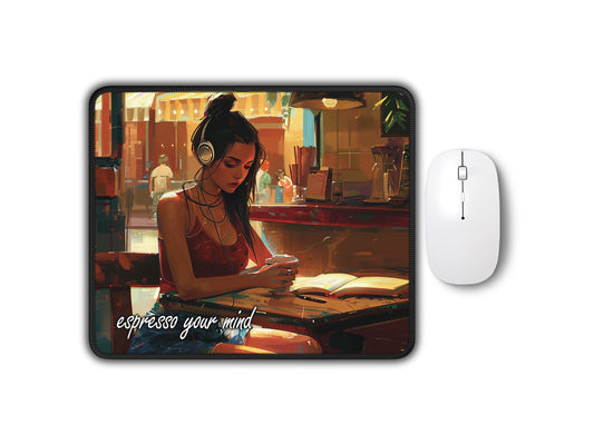 Artisan mouse pad featuring an artistic rendering of a woman with headphones at a cafe, with the motivational phrase espresso your mind.