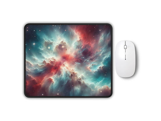 Ethereal gaming mouse pad featuring the swirling colors of the Orion Nebula, paired with a sleek white mouse against a stark white background